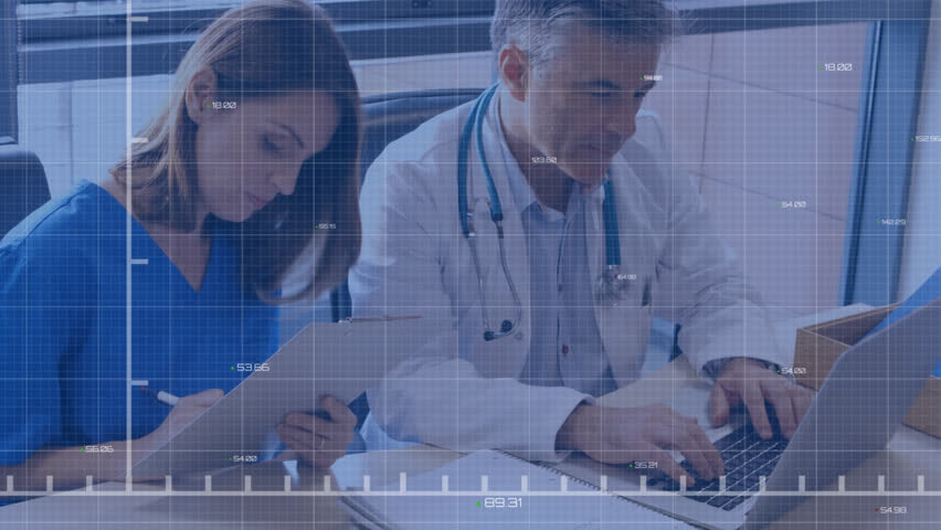 Animation of data processing over diverse doctors. Global medicine, healthcare services, computing and data processing concept digitally generated video.