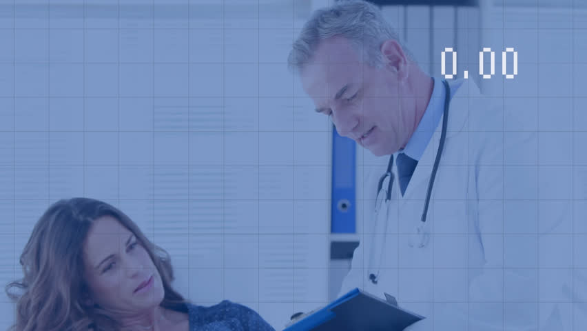 Animation of data processing over diverse doctors. Global medicine, healthcare services, computing and data processing concept digitally generated video.