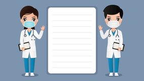 Two cartoon doctors wearing surgical medical masks and waving. The middle is the area for.