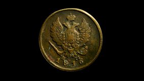 Obverse of Russian empire coin 2 copecks 1816, isolated in black background. 3d animation in 4k resolution video.