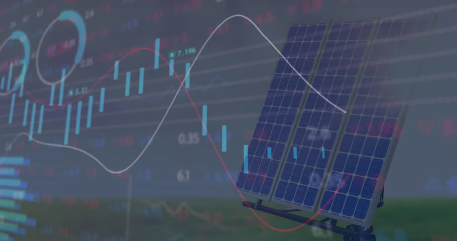 Animation of statistical and stock market data processing against solar panels on grassland. Global economy and renewable energy concept Royalty-Free Stock Footage #1106776383
