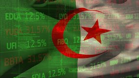 Animation of stock market data processing against waving algeria flag. National economy and patriotism concept - Powered by Shutterstock - Get 15% off with code: PIKWIZARD15
