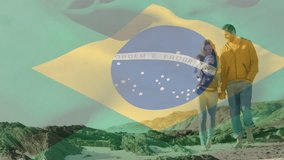 Animation of waving brazil flag against caucasian couple with a baby walking on the beach. Patriotism and family concept - Powered by Shutterstock - Get 15% off with code: PIKWIZARD15