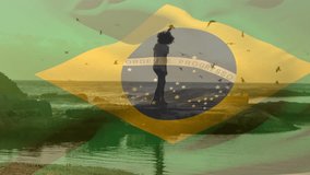Animation of waving brazil flag against african american couple walking together at the beach. Patriotism and love relationship concept - Powered by Shutterstock - Get 15% off with code: PIKWIZARD15