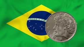 Waving flag of Brazil and rotating obverse of old Brazil coin. 4k resolution video.