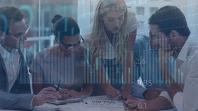 Animation of stock market data processing over diverse businesspeople discussing together at office. Global economy and business data technology concept - Powered by Shutterstock - Get 15% off with code: PIKWIZARD15