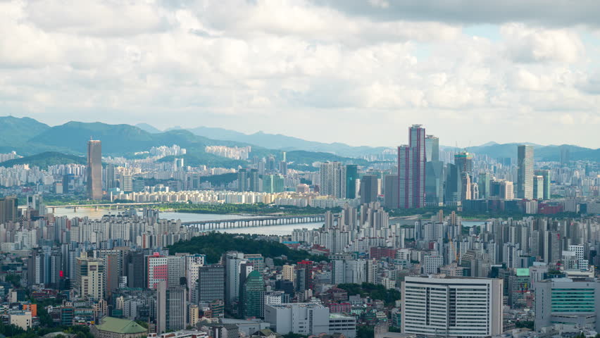 Seoul skyline and architecture, Beautiful clouds flow through in Seoul, South Korea.