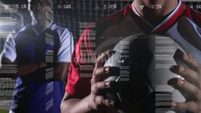 Animation of computer icons and programming language over diverse male players with soccer ball. Digital composite, sport, competition, portrait, coding, data processing, business, report, futuristic. - Powered by Shutterstock - Get 15% off with code: PIKWIZARD15