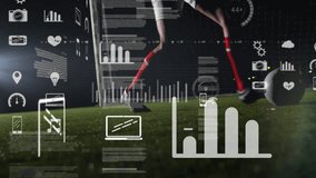 Animation of computer icons and programming language over caucasian male player practicing soccer. Digital composite, sport, competition, ball, leg, coding, ground, business, report, data processing. - Powered by Shutterstock - Get 15% off with code: PIKWIZARD15
