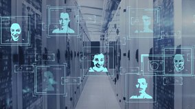Animation of multiple profile icons and data processing against computer server room. Global networking and business data technology concept - Powered by Shutterstock - Get 15% off with code: PIKWIZARD15