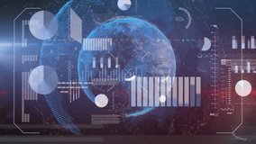 Animation of multiple graphs, trading board over connected dots around globes. Digitally generated, hologram, illustration, communication, globalization, report, business and technology concept. - Powered by Shutterstock - Get 15% off with code: PIKWIZARD15