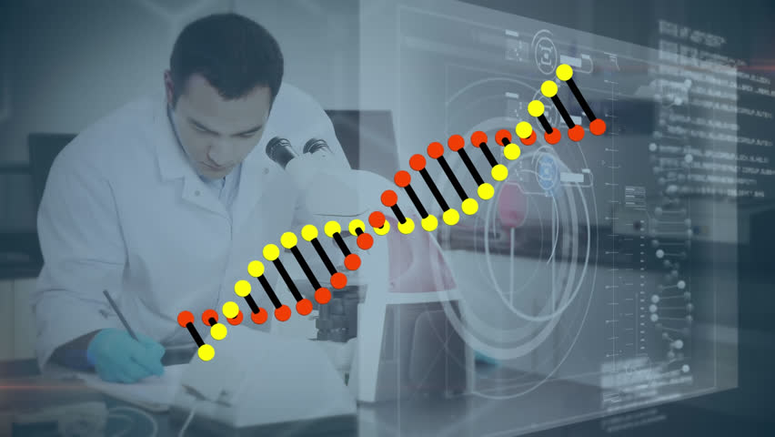 Animation of data processing and dna strand over biracial male scientist. Global medicine, science, research, computing and data processing concept digitally generated video.