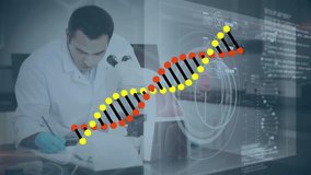 Animation of data processing and dna strand over biracial male scientist. Global medicine, science, research, computing and data processing concept digitally generated video. - Powered by Shutterstock - Get 15% off with code: PIKWIZARD15