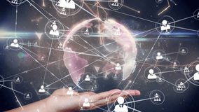 Animation of network of profile icons and globe of plexus networks over cupped hands. Global networking and business technology concept - Powered by Shutterstock - Get 15% off with code: PIKWIZARD15