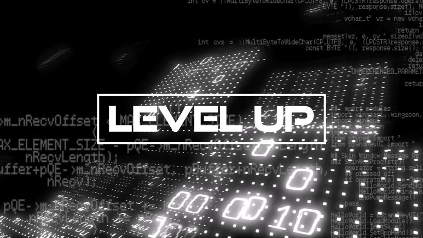 Animation of level up text over programming language and binary codes. Digitally generated, arcade, video game, competition, coding, computing, data processing, futuristic and technology. - Powered by Shutterstock - Get 15% off with code: PIKWIZARD15