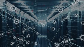 Animation of connected graph and cart icons with computer language over server racks. Digital composite, shopping, business, report, coding, network security, networking, data center, technology. - Powered by Shutterstock - Get 15% off with code: PIKWIZARD15