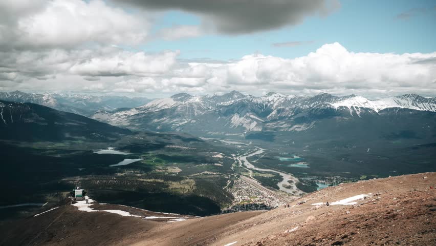 4K Timelapse Whistlers Mountain from Jasper Overlook tramway. Town of Jasper aerial view.