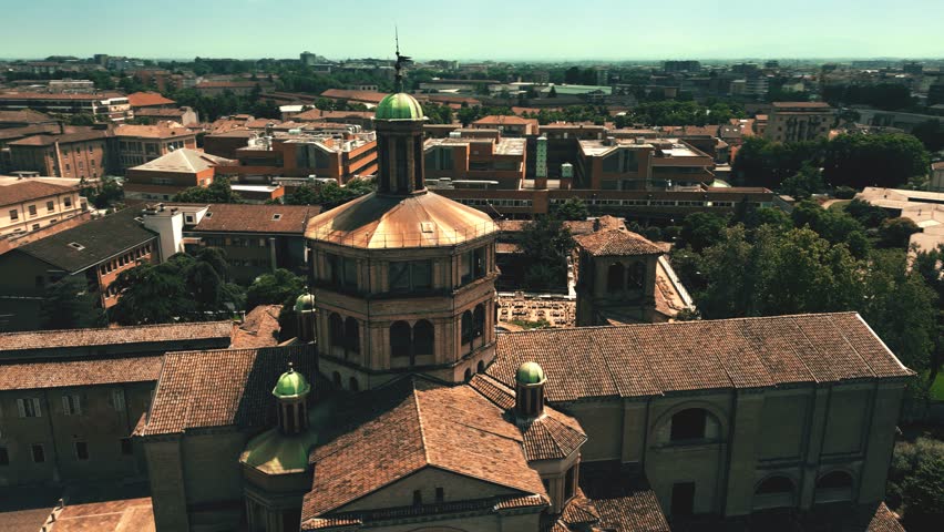 Basilica di Santa Maria di Campagna in Piacenza, Italy. Drone aerial orbiting shot Royalty-Free Stock Footage #1106788113