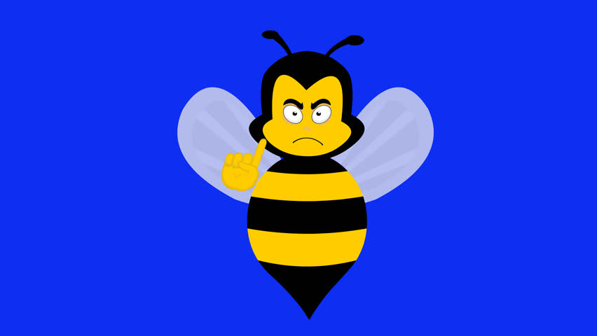 video animation bee cartoon, saying no with the finger of the hand. On a blue chroma key background