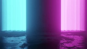 Abstract Room With Holographic Glowing Elements, Flickering Lights And Old Floor Without People. Nightclub Party 1980s Style. Render Design Banners. 4K Loop. Concept Stock Video. Seamless 3D Animation
