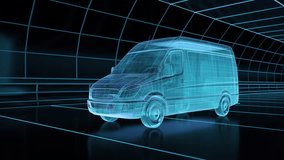 Wireframe of a van car driving through a tunnel. Camera moves slowly showing wireframe view of a transportation vehicle. - Powered by Shutterstock - Get 15% off with code: PIKWIZARD15