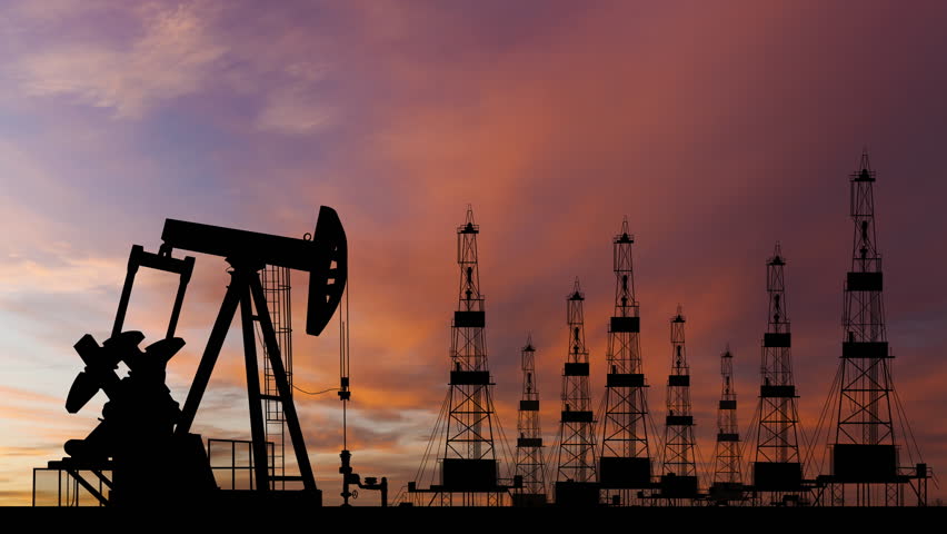 Oil pump on a sunset background. World Oil Industry. Timelapse.