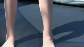 Close up view on children's feet bouncing on a trampoline. Slow motion full HD video of Children's legs are bouncing on the trampoline.