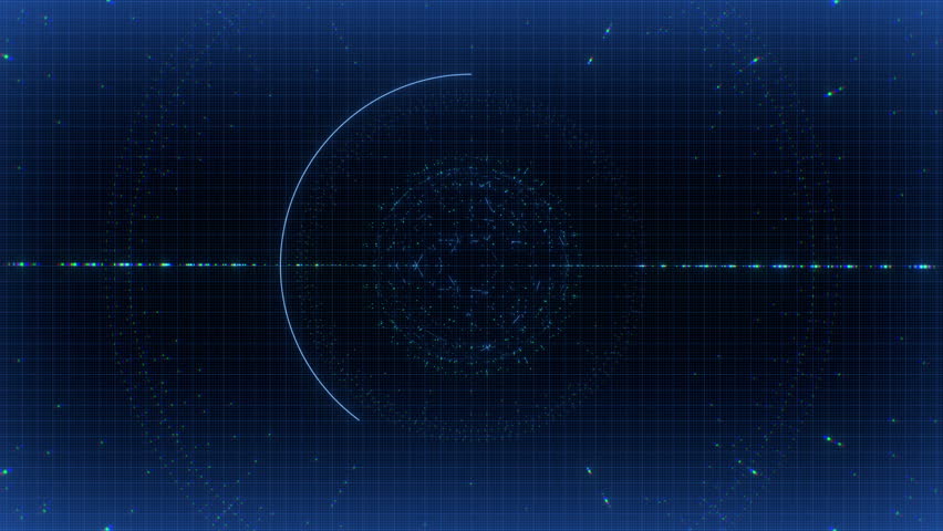 Line and Grid based HUD graphics with Radar type pulsing circular arrays and particle motion.
