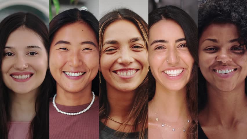 Portraits of Happy People Looking at Camera in One Footage. Optimistic Faces of Young Smiling Women in Serie Footage for Multiscreen Collage. Inspiration Montage of Beautiful International Community
