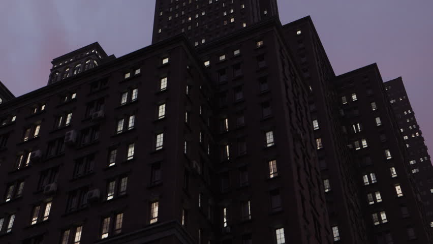 The camera flies up big skyscrapers in a city as the power goes out and all the window lights disappear. 3D animation. Royalty-Free Stock Footage #1106807541