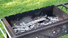 Firewood is burning in a metal barbecue grill. Cooking food on an open fire. Barbecue, outdoor cooking
