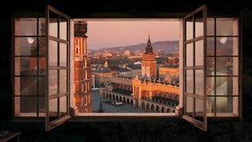 krakow city old town aerial view seen from inside the room,drone flying out the window at sunrise,sunny day poland