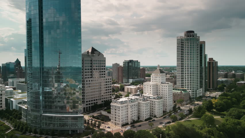 Aerial view of downtown Milwaukee city, Michigan lake shoreline. Milwaukee, Wisconsin, USA