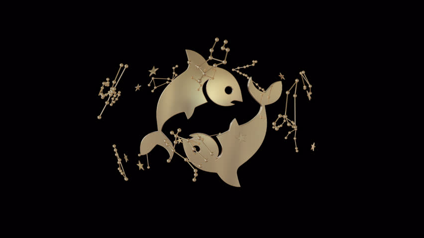 Zodiac sign Pisces, 3D animation on a transparent alpha channel background on a seamless loop