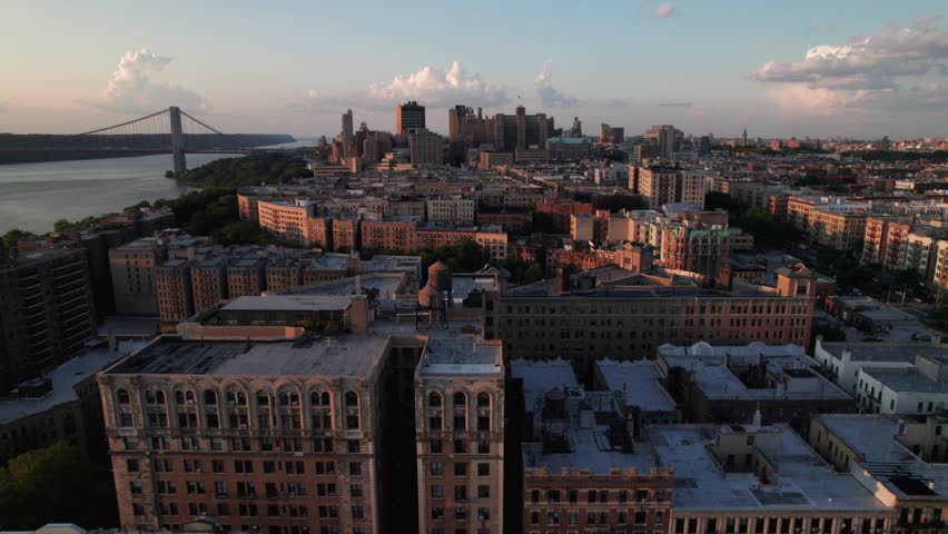 Uptown NYC skyline in Washington Heights and Harlem, 4K drone clip