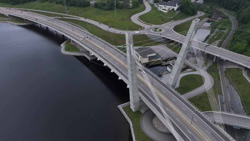 Aerial View Over Farrisbrua Bridge In Larvik, Norway On A Cloudy Day - drone shot