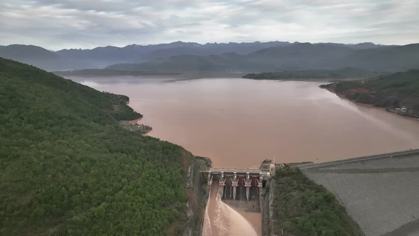Aerial view Machacura Dam after flooding in Region Maule, Chile in 2023
