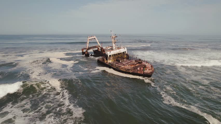 Aerial Drone View of Zeila Shipwreck in Ocean, Skeleton Coast in Namibia,Africa Royalty-Free Stock Footage #1106820659