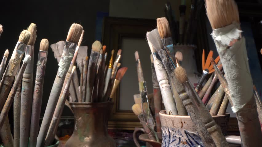 Artist's brushes for oil paints close-up. Art Studio
