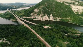 Wonderful Rocks or Chudnite Skali, near Asparuhovo village. Aerial view of a bridge crossing the Tsoneva lake reservoir near Varna, Bulgaria