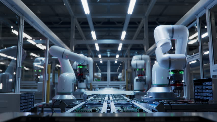 Timelapse of Fully Automated PCB Assembly Line Equipped with Advanced High Precision Robot Arms at Electronics Factory. Semiconductor Production Industry. Component Installation on Circuit Board.  Royalty-Free Stock Footage #1106834665