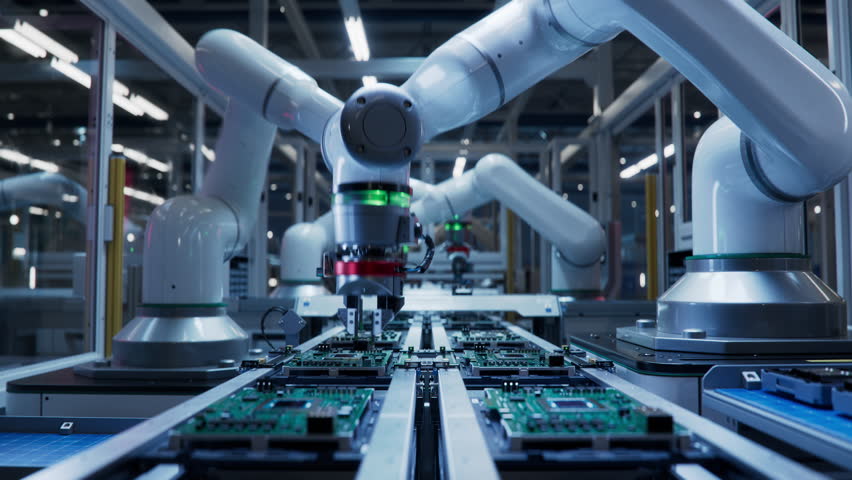 Timelapse of Fully Automated PCB Assembly Line Equipped with Advanced High Precision Robot Arms at Electronics Factory. Semiconductor Production Industry. Component Installation on Circuit Board.  | Shutterstock HD Video #1106834665