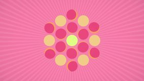 Abstract digital seamless loop animation of flat symmetrical pattern of green and pink spheres on pink background. Optical illusion. Generative art. 3d rendering. HD resolution - Powered by Shutterstock - Get 15% off with code: PIKWIZARD15