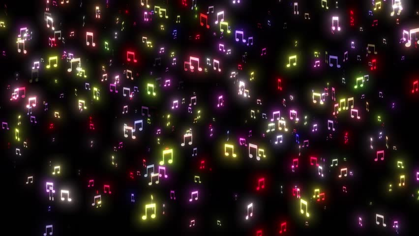 Colorful Glowing Music Icon Falling On Black Background. Music Icon Flying In The Air. Music Background Animation. Music Note Flying Over Black Bg,