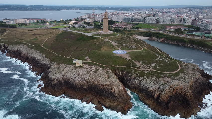 Aerial Coastal Scene of Coruna Spain with Torre de Hércules on Peninsula