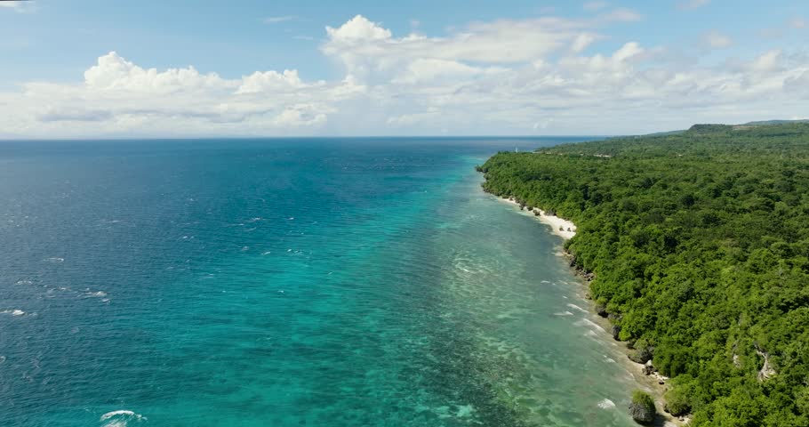 Alluring view of tropical island under the perfect day. Blue ocean with waves and blue skies with clouds. Siquijor, Philippines. Royalty-Free Stock Footage #1106840343