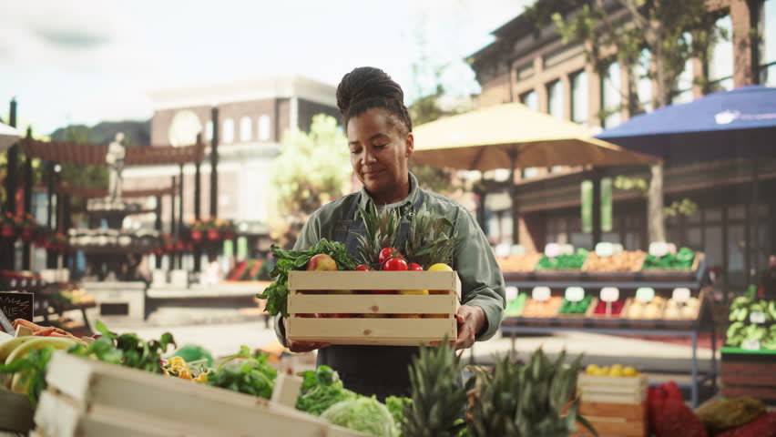 Portrait of a Black Female Working at a Farmers Market Stall with Fresh Organic Agricultural Products. African Businesswoman Holding a Crate with Fruits and Vegetables, Looking at Camera and Smiling Royalty-Free Stock Footage #1106842789