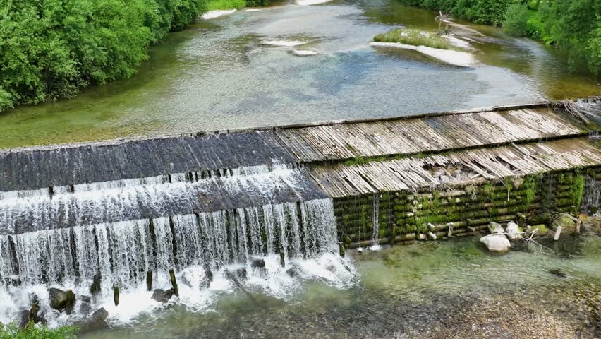 Aerial Drone Above Wide Waterfall Savinja River Landscape, Logar Valley Slovenia Natural Forest Park