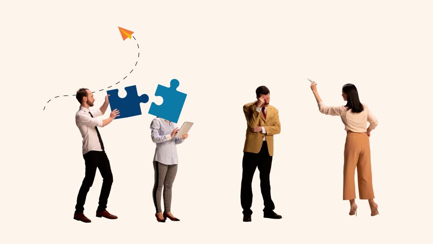 Group of people communicating, generating business ideas. Contemporary art collage. Concept of team work, brainstorm, projects, professional activity, planning. Stop motion, 2D animation Royalty-Free Stock Footage #1106848313