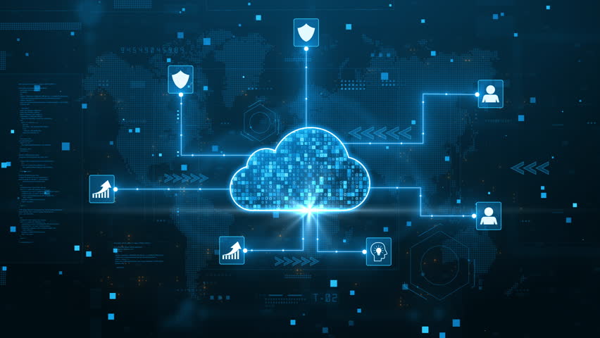 Cloud computing for data storage and transfer for safety, Cloud icon with data icon on the background world map, Futuristic technology global network data connection. Cybersecurity digital background
